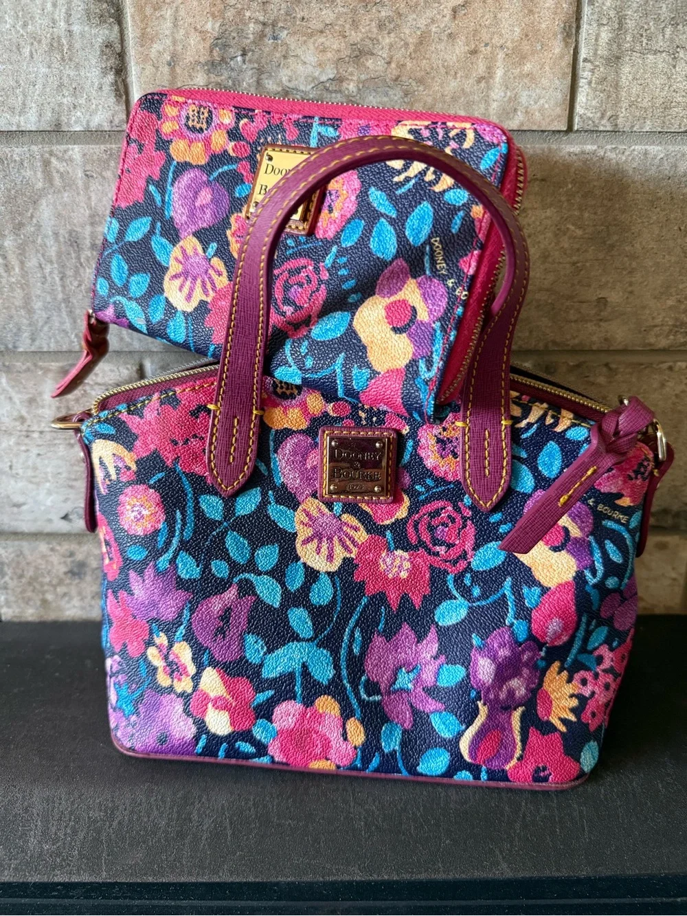 Dooney & Bourke Navy Floral Satchel with Magenta Trim